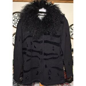 VTG Jack B. Quick Black Sweater SZ S Beading Embroidery Removable Faux Fur Zebra